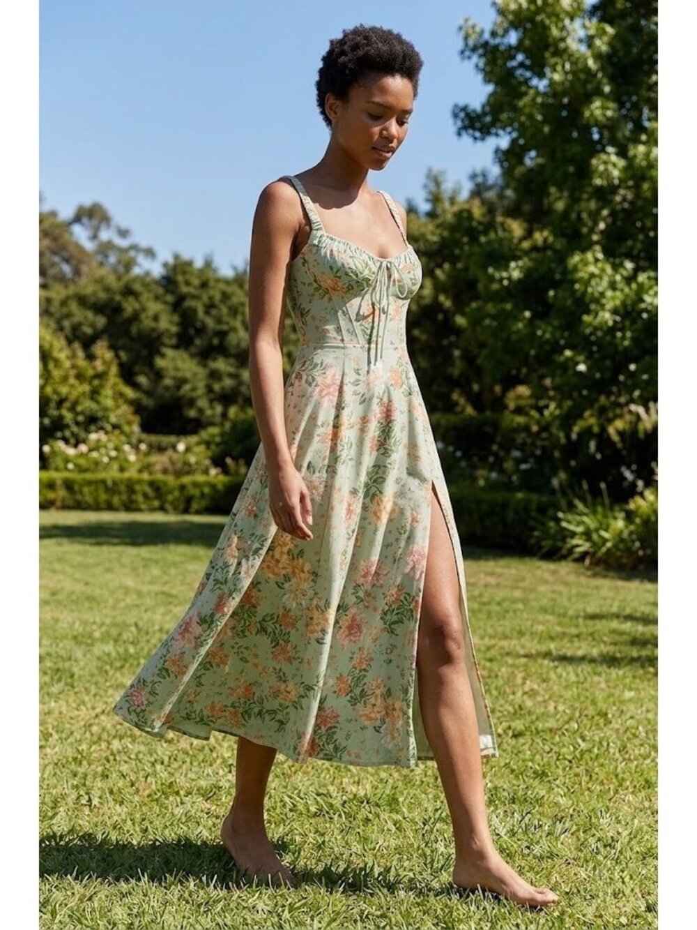 NWT House Of CB Sabrina Midi in Light Jade Green Floral Tank Dress L+ Plus Cup - Picture 2 of 9